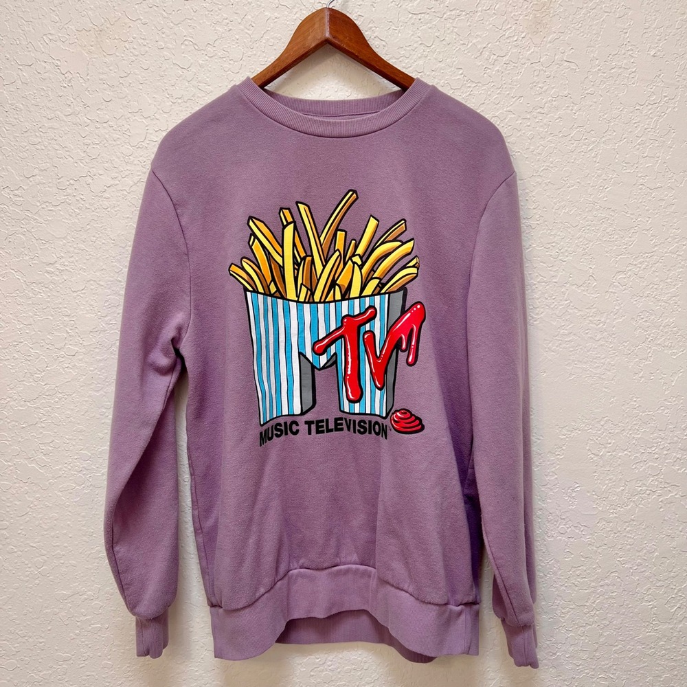 MTV French Fries Graphic Sweatshirt Purple Mens Medium Crewneck Pullover 90s